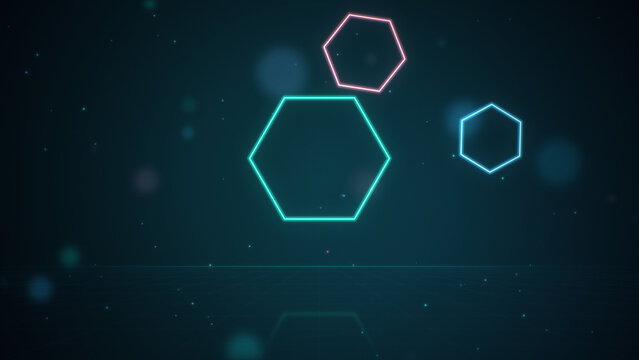 Glowing neon hexagons large floating over reflective grid floor, teal and pink abstract geometric background