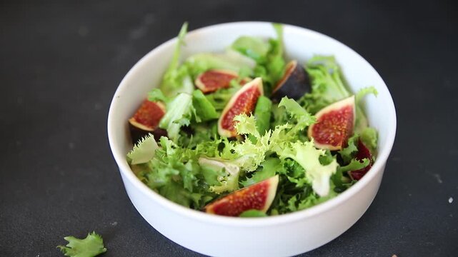 Fig Salad fresh mixed greens healthy eating, nutritious meals delicious appetizers, fresh ingredients gourmet cuisine, traditional dishes food background top view copy space keto and paleo diets veget