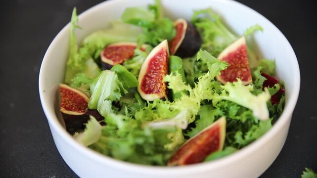 Fig Salad fresh mixed greens healthy eating, nutritious meals delicious appetizers, fresh ingredients gourmet cuisine, traditional dishes food background top view copy space keto and paleo diets veget