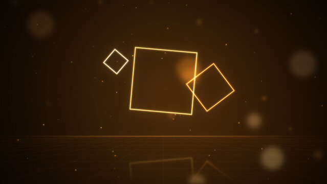 Glowing neon squares, diamonds floating over reflective grid floor, orange and golden amber abstract geometric background
