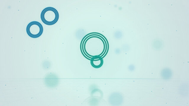 Neon line circles, concentric outlines small on bright light mint and blue background with reflection, minimal geometric design
