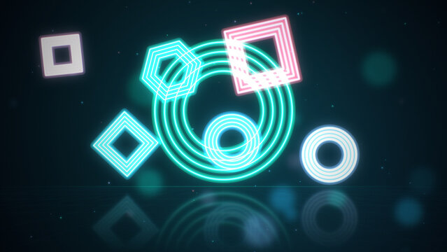 Glowing neon circles, squares, hexagons, diamonds floating over reflective grid floor, teal and pink abstract geometric background