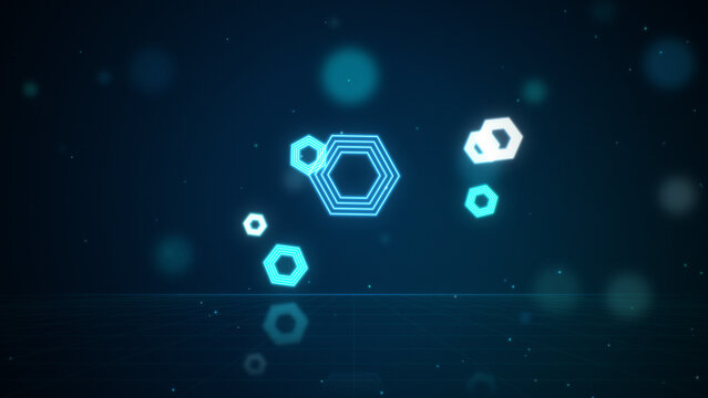Glowing neon hexagons small floating over reflective grid floor, teal abstract geometric background