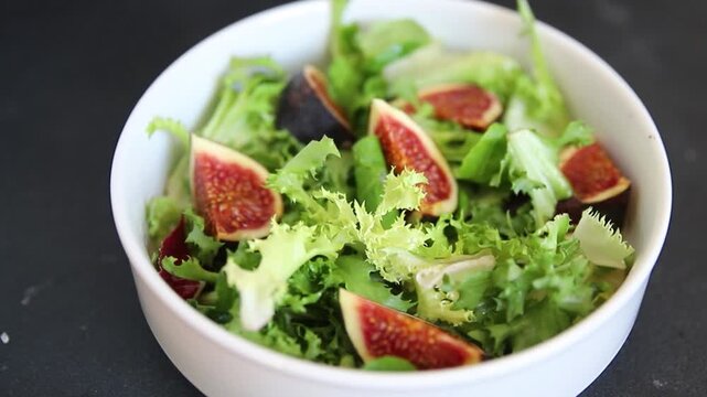 Fig Salad fresh mixed greens healthy eating, nutritious meals delicious appetizers, fresh ingredients gourmet cuisine, traditional dishes food background top view copy space keto and paleo diets veget