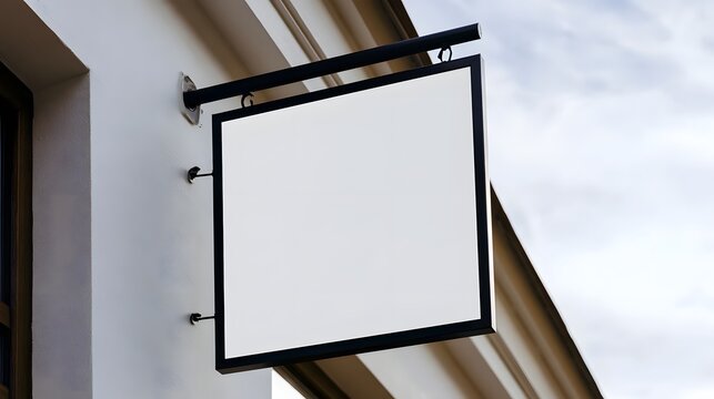 A blank white rectangular sign with black frame mounted on a building exterior under cloudy sky