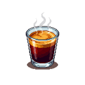 16-bit retro pixel art of a hot espresso shot in a clear glass with crema vector illustration