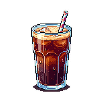 16-bit retro pixel art of iced americano coffee in a glass with straw vector illustration