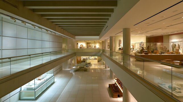 A spacious  multi level museum interior with glass railings  display cases  and warm lighting illuminating ancient artifacts