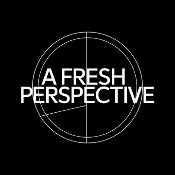 A fresh perspective text design with white circular geometric lines on a solid black background for modern business