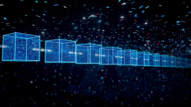 Chain of glowing blue wireframe blocks linked by data streams, receding across a dark particle field, blockchain network and crypto ledger animation