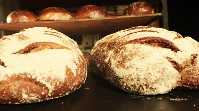 Rustic sourdough rye loaves fresh from oven on black table closeup. Artisan bread with covered flour crust cool down on tray in bakery shop