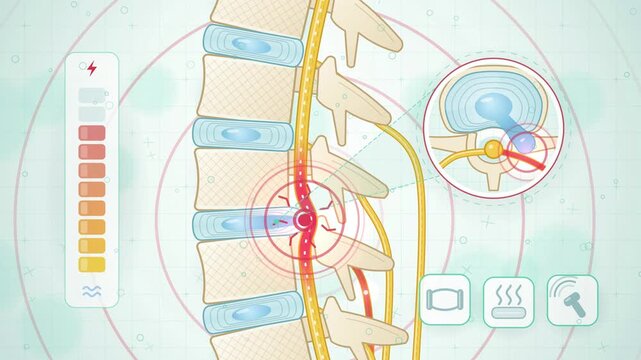 Herniated disc pressing on spinal nerve, physiotherapy treatment relieves back pain, medical explainer animation in 4K