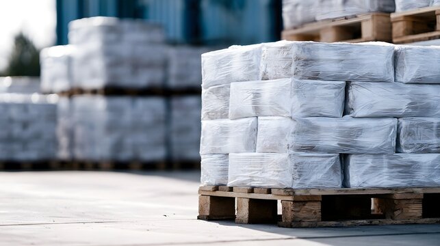 Stacked pallets of shrink wrapped goods sit outdoors on a concrete surface  ready for transport or storage in a warehouse setting