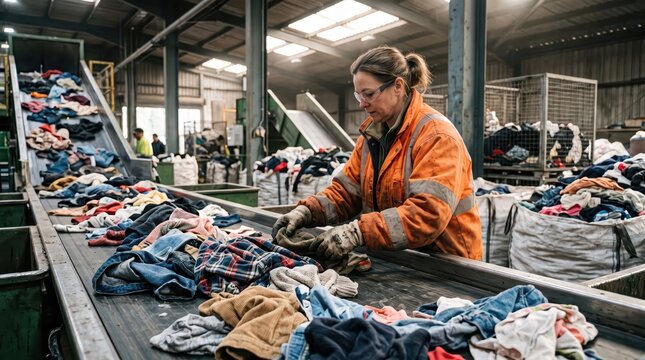 Worker sorting used clothing on conveyor belt at textile recycling facility. Garment reuse and material recovery. Circular economy, waste reduction and sustainable fashion.
