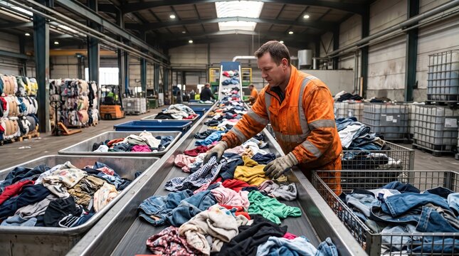Worker sorting used clothing on conveyor belt in textile recycling warehouse. Garment recovery and reuse operations. Circular economy, sustainable fashion and waste reduction.