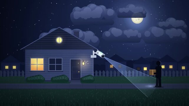 Home security camera detecting motion at night and sending an alert to a smartphone, flat explainer animation in 4K