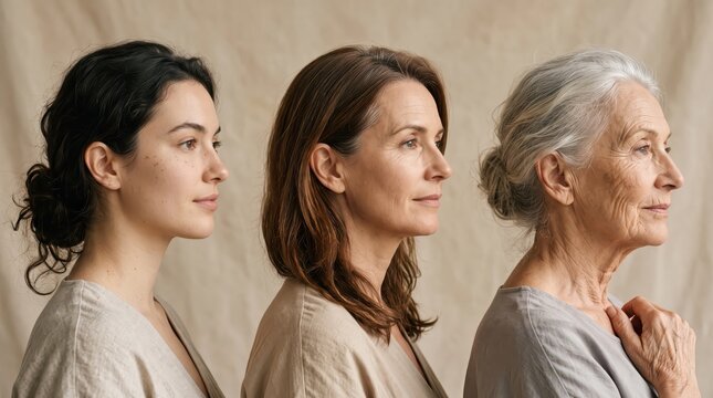 Three women shown at young, middle-aged, and elderly stages of life in profile. Female aging and lifespan concept. Generational portrait about aging, maturity, and time.