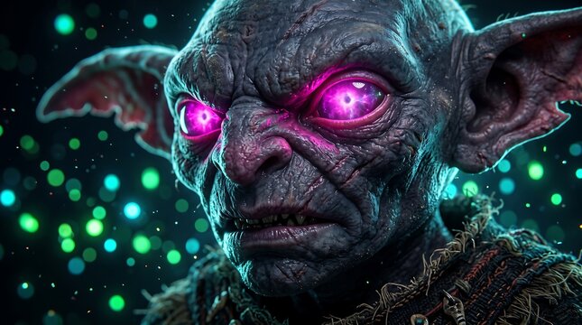 Terrifying Fantasy Void Goblin with Glowing Neon Eyes on Green Bokeh