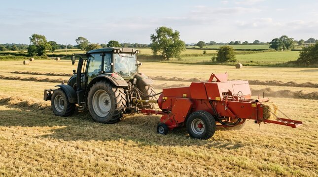 Tractor towing baler through a cut hay field. Haymaking on a working farm. Agriculture, crop harvest and mechanized farming. Rural countryside and food production.
