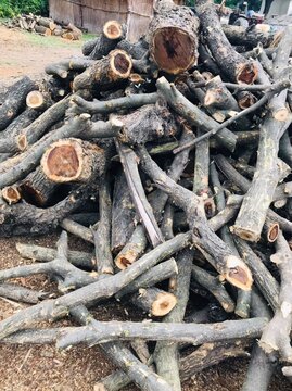 Rustic pile of cut firewood logs and branches, natural timber stack with rough bark texture, raw wood material for heating or construction