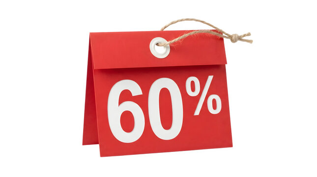 A bright red paper price tag featuring a bold white sixty percent discount sign, hanging from a rustic twine string, isolated on a clean white background