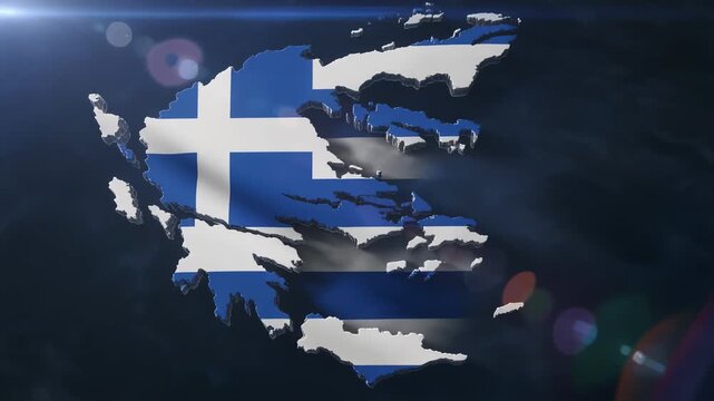 Greece map forming with flag waving in space during cosmic sunrise cinematic motion