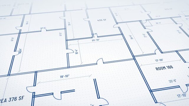 Light paper version of an architectural blueprint, blue ink floor plan with rooms, doors and floor area drifts under a tilted camera, real estate