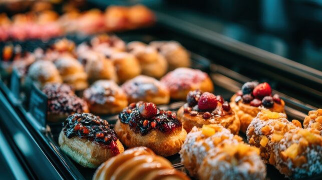 Fruit topped pastries and sweet desserts arranged in a bakery display case