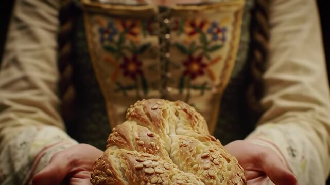 Close-up of a beautifully braided loaf of bread held by hands.