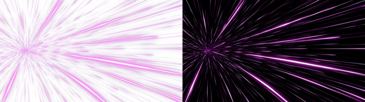 Pink speed lines with glowing light streaks, radial zoom effect for comic book action or fast motion background on isolated transparent png background for dynamic graphic design