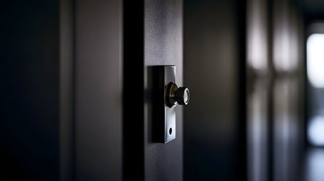A close up view of a sleek  modern door handle on a dark metallic door with blurred background elements