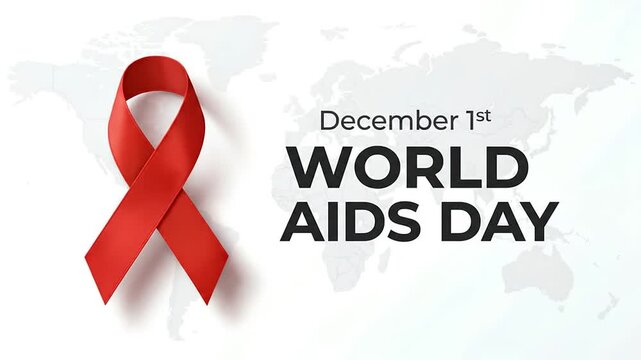 Red ribbon symbol revealing world map background for global health event