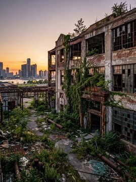 Overgrown abandoned factory overlooking a city skyline and river at sunset. Urban decay and industrial ruin. Nature reclaiming architecture. Postindustrial landscape and city contrast.