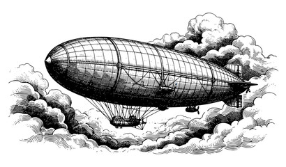 Vintage Zeppelin Airship Flying Through Clouds Antique Engraving Vector Illustration © Rasme