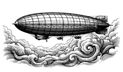 Antique Dirigible Airship Above Rolling Clouds Retro Black and White Engraving © Rasme