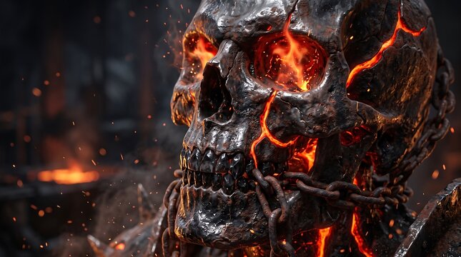 Terrifying Forged Iron Golem Skull with Glowing Magma Eyes