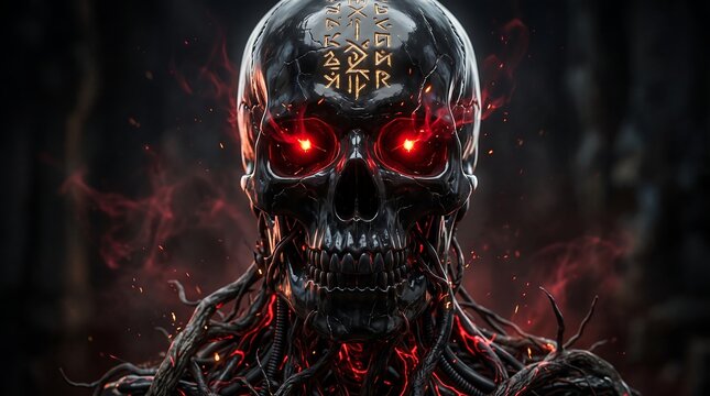 Cursed Obsidian Magitek Skeleton Construct with Glowing Red Veins