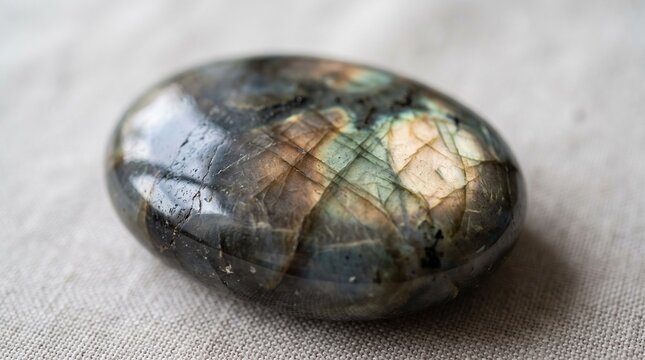 Polished labradorite gemstone with iridescent surface texture on a