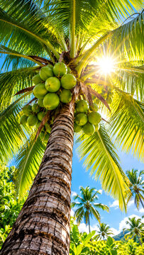 Tropical Coconut Palm Tree with Sunburst