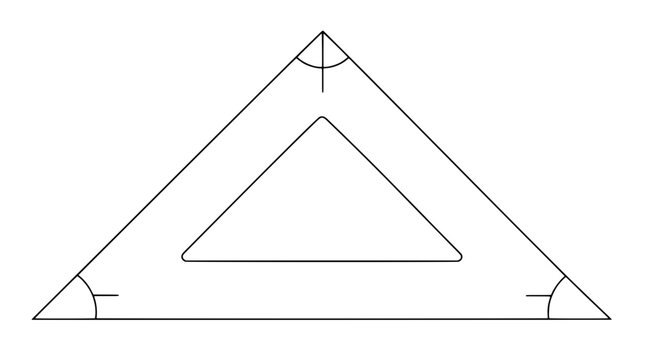 Black outline vector icon of a triangular set square with hollow inner triangle and angle markings at three corners and bisector ticks rendered with thin lines in centered symmetrical composition
