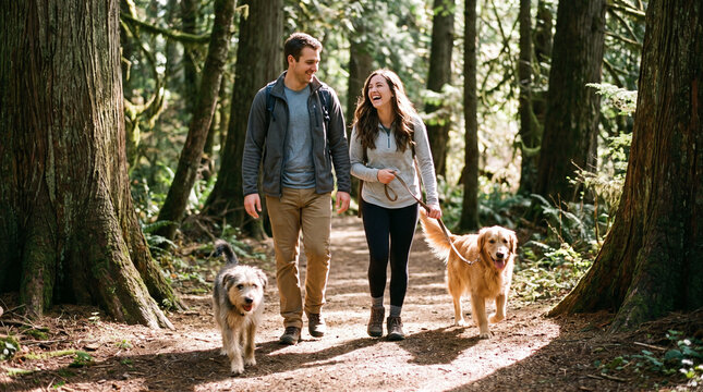 Happy couple walking two dogs along peaceful forest path in dappled sunlight