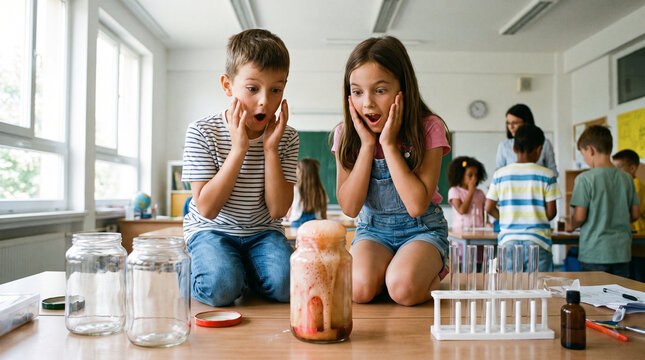 Amazed kids conducting simple science experiment with glass jars in bright classroom