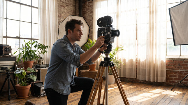 Focused photographer adjusting camera on tripod in sunlit studio with soft window light