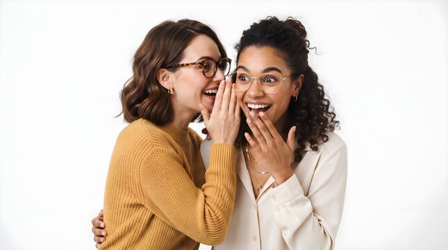 Studio portrait of two people whispering and sharing confidential information while reacting with surprise against a white background. Perfect for concepts related to gossip, secrets