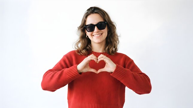 Studio portrait of a person wearing sunglasses and a red sweater while forming a heart shape with hands against a white background. Ideal for concepts related to love, kindness