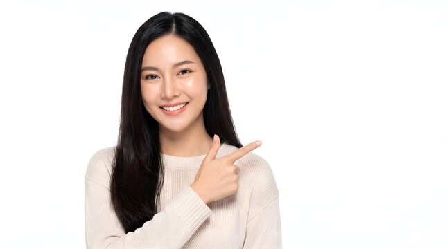 Studio portrait of a smiling person pointing toward empty copy space on a clean white background. Ideal for advertising, marketing, recommendations, presentations, product promotions