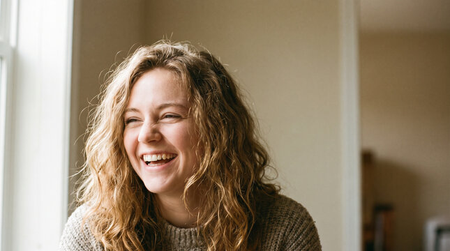 Candid portrait of smiling young woman with wavy hair in soft window light
