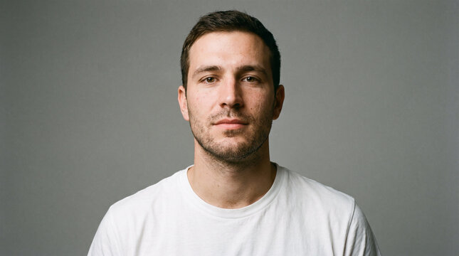 Close-up portrait of confident young man in plain white shirt against neutral background