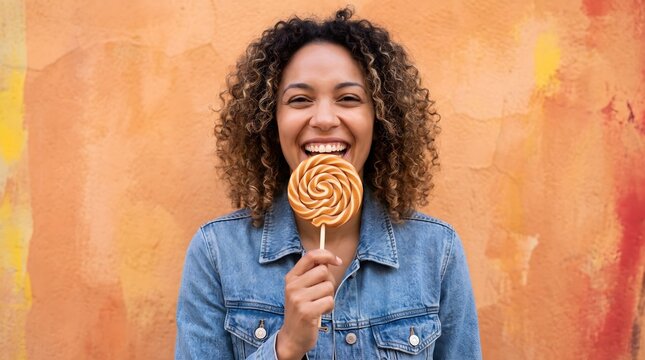 Portrait of a person holding a large swirl lollipop in front of a vibrant orange textured wall. Bright, playful lifestyle image featuring candy, sweet treats, fun, happiness, colorful backgrounds