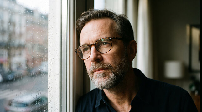 Close-up portrait of thoughtful man in glasses looking out window in soft side light